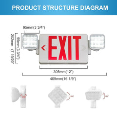 Product structure diagram of an exit sign with dimensions and features.