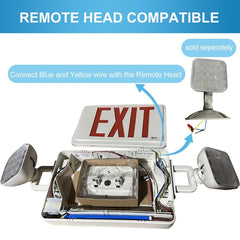 Diagram showing connection of a remote head to an exit sign with text indicating compatibility and wire connection.
