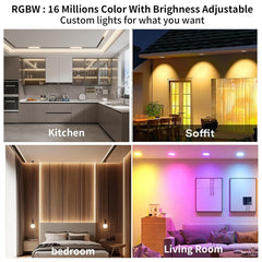 RGBW lights with adjustable brightness in various settings including a kitchen, soffit, bedroom, and living room.