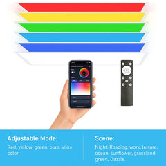 Smart light strip with smartphone app control and remote, featuring adjustable color modes and scene options.