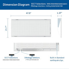 Dimension diagram of a rectangular light fixture with measurements and specifications.
