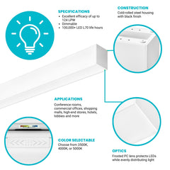 Product specifications and features of a light fixture on a white background