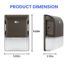 Dimensions of a wall-mounted device with clear and brown sections on a white background.