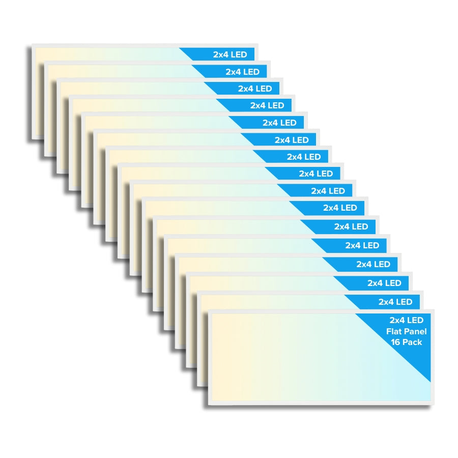 Row of LED flat panel lights with labeled '2x4 LED' on a white background