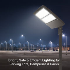 Street light in a parking lot with text about lighting solutions for various locations.
