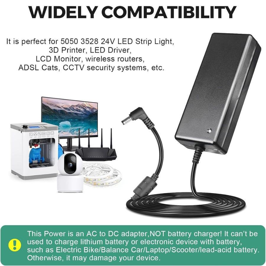 AC to DC adapter with compatibility text and images of electronic devices on a white background, 24V DC Power Supply at fliptoled