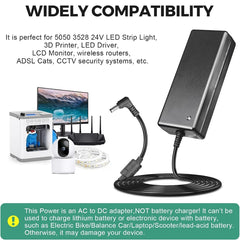 AC to DC adapter with compatibility text and images of electronic devices on a white background, 24V DC Power Supply at fliptoled