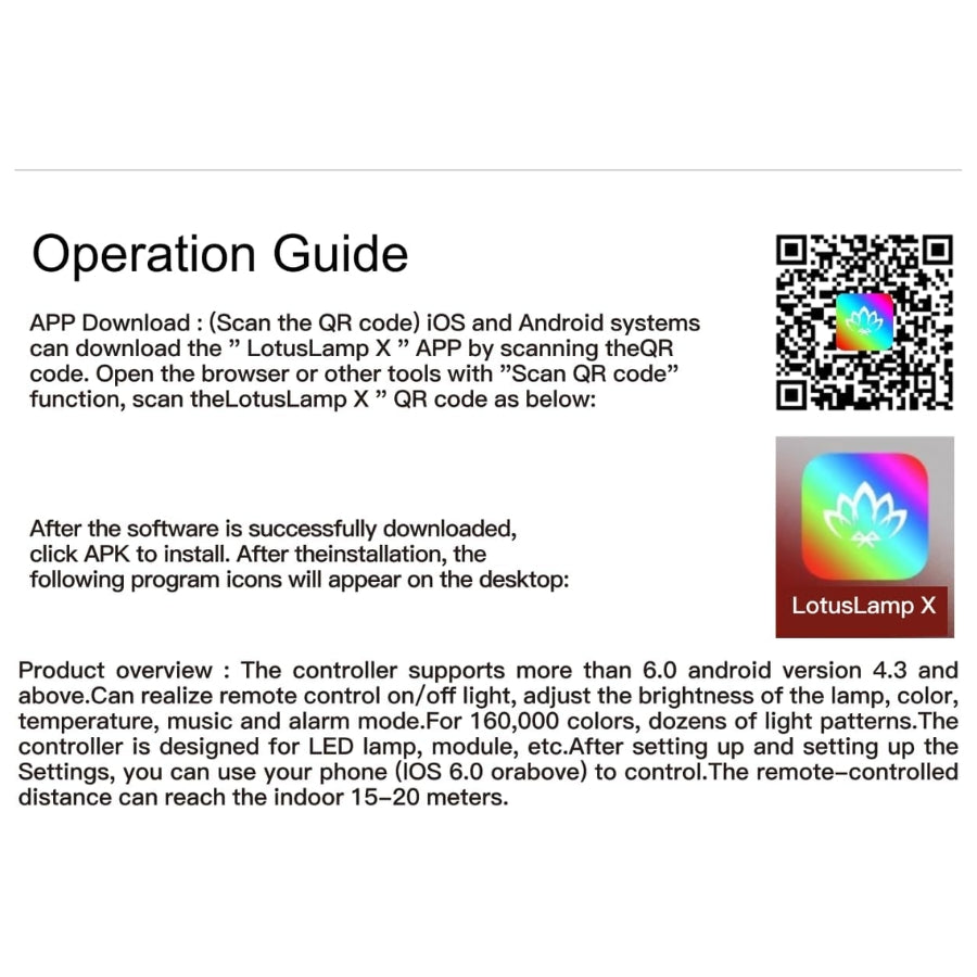 Operation guide for LotusLamp X app with QR code and app icon on a white background
