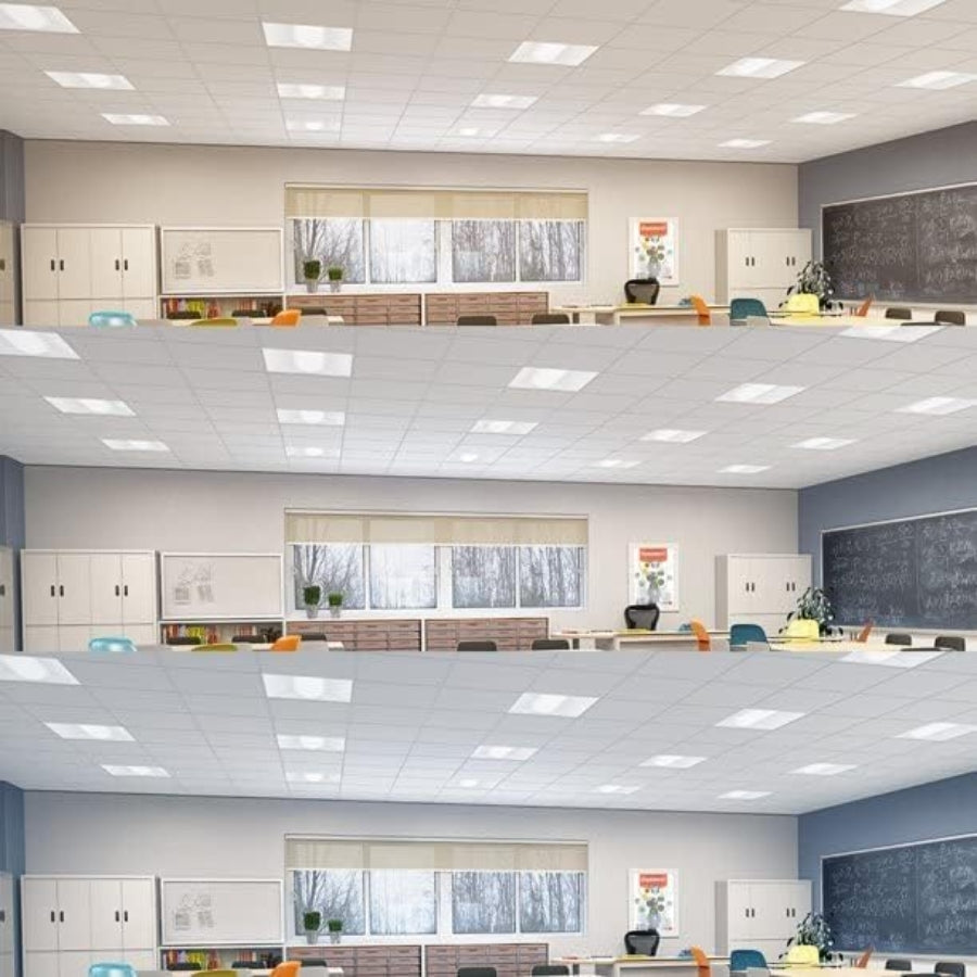 led troffer lights 2x2 in Modern classroom with whiteboard, desks, and chairs