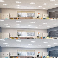 led troffer lights 2x2 in Modern classroom with whiteboard, desks, and chairs