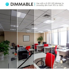 Collage of an office with a led troffer lights 2x2 ceiling light fixture, labeled 'Dimmable' with LED dimmer information.
