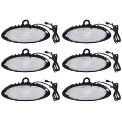 Six UFO-style LED ceiling lights with black frames on a white background