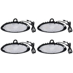 Four UFO style industrial lights on a white background