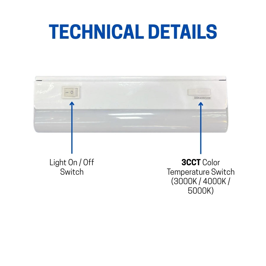 LED light fixture with labeled features on a white background