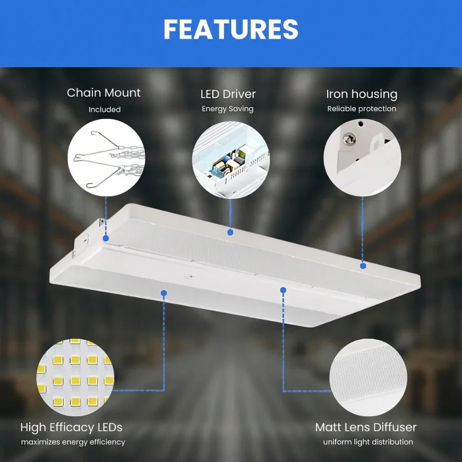 LED light fixture with features highlighted on a blurred warehouse background
