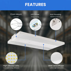 LED light fixture with features highlighted on a blurred warehouse background