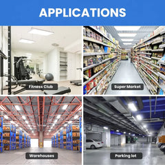 Collage of different indoor settings with labels for fitness club, supermarket, warehouses, and parking lot.