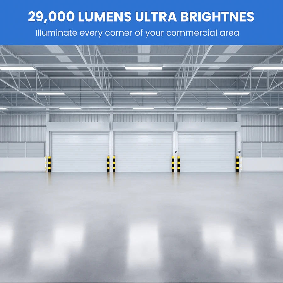 Large industrial warehouse with bright lighting, emphasizing 29,000 lumens ultra brightness.