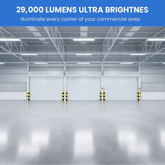 Large industrial warehouse with bright lighting, emphasizing 29,000 lumens ultra brightness.