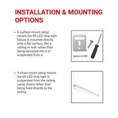 Information on installation and mounting options for LED strip lights with text and images of hardware.