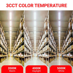 linear led strip light in Warehouse interior with three different color temperature lights labeled 3500K, 4000K, and 5000K.