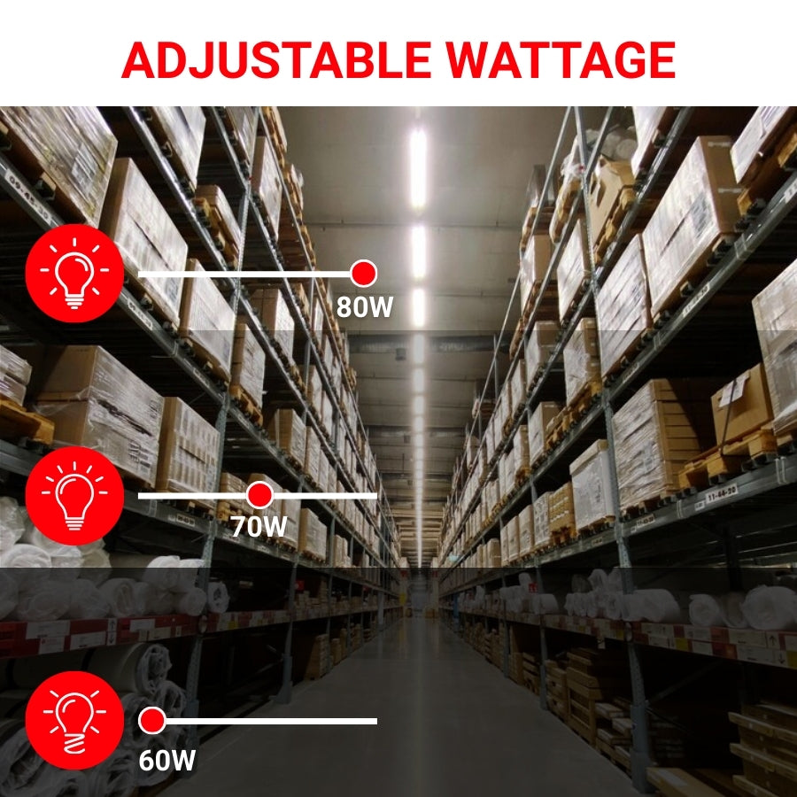 linear led strip lights in Warehouse with shelves stocked and adjustable wattage labels shown.