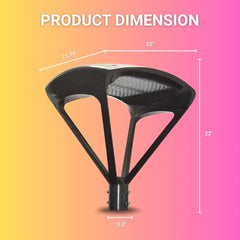 Black outdoor lamp post with dimensions on a gradient background