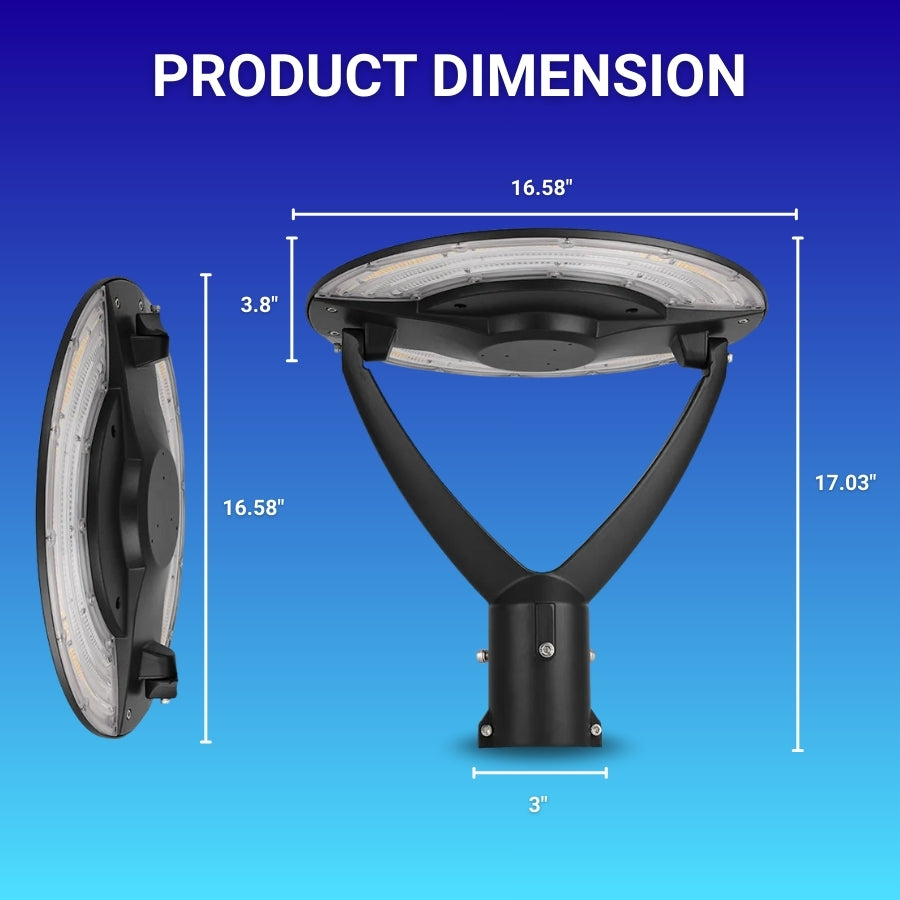 Dimensions of a modern outdoor post light fixtures on a blue background