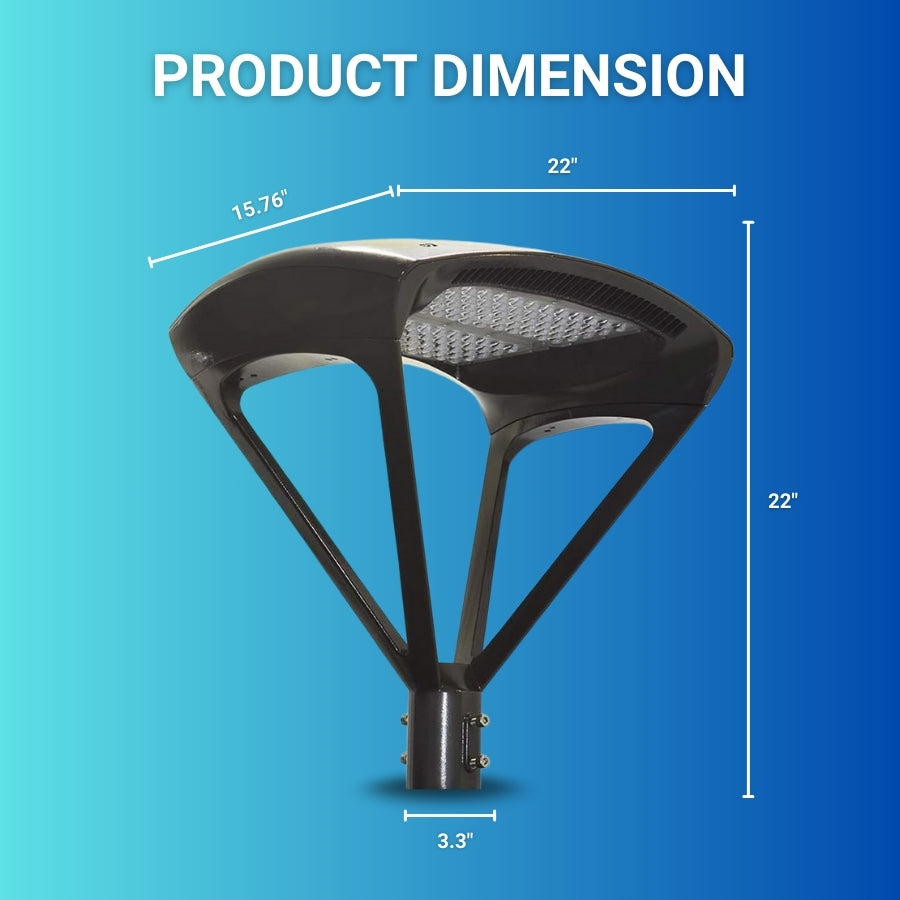 Street light bulb with dimensions labeled on a blue background