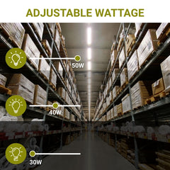 modern suspended ceiling lights in Warehouse with shelves stocked with boxes, highlighting adjustable wattage options at fliptoled