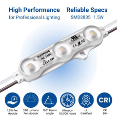 LED Modules SMD 2835 1.5W 100pcs Set – Red/Green/White, 390LM/Module, 110V/220V Direct Power, IP65 Waterproof, 130LM/W, CRI 90+, Dimmable, UL Certified, 50,000 Hrs, 3-Year Warranty, 48FT Length