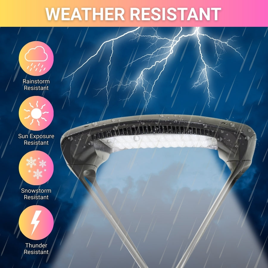 LED light fixture with weather resistance features on a stormy background
