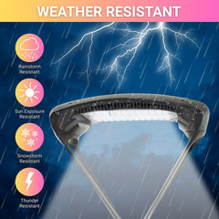 LED light fixture with weather resistance features on a stormy background