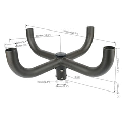 Black metal bracket with dimensions labeled on a white background