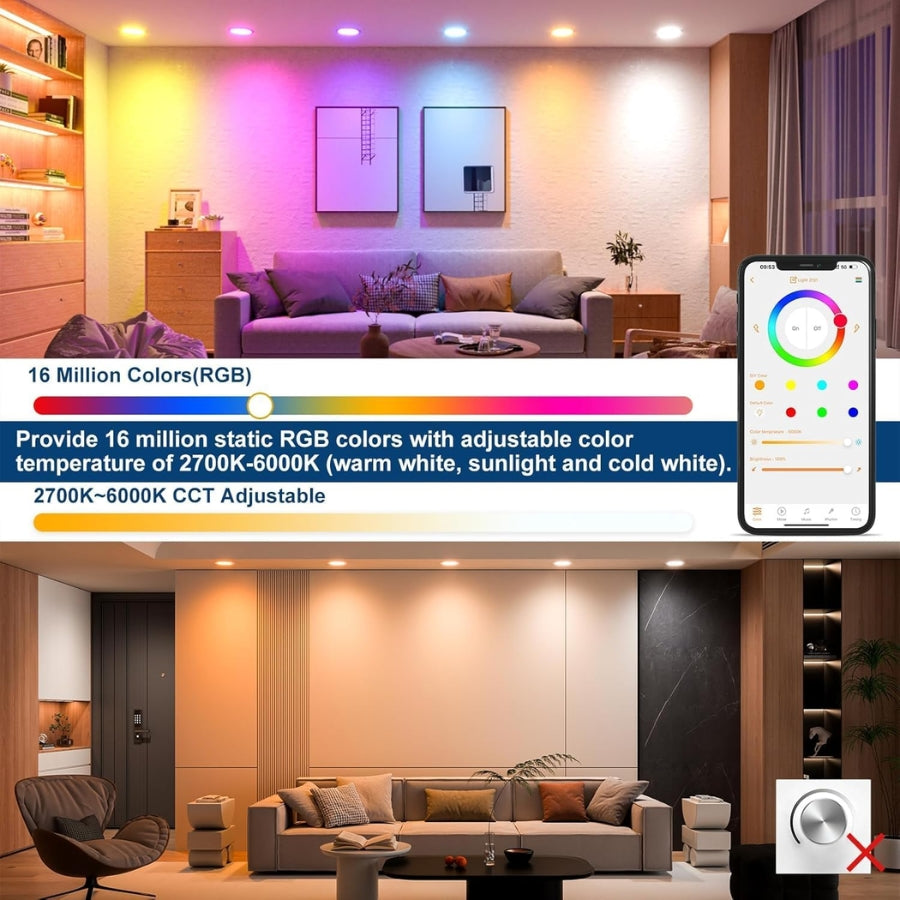 Living room with RGB recessed gimbal led lighting control panel and smartphone app interface.