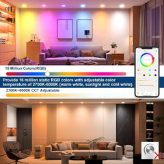 Living room with RGB recessed gimbal led lighting control panel and smartphone app interface.