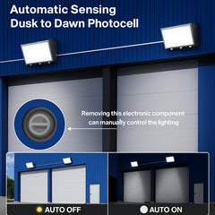 Garage door with automatic sensing dusk to dawn semi cutoff wall pack and manual control component.