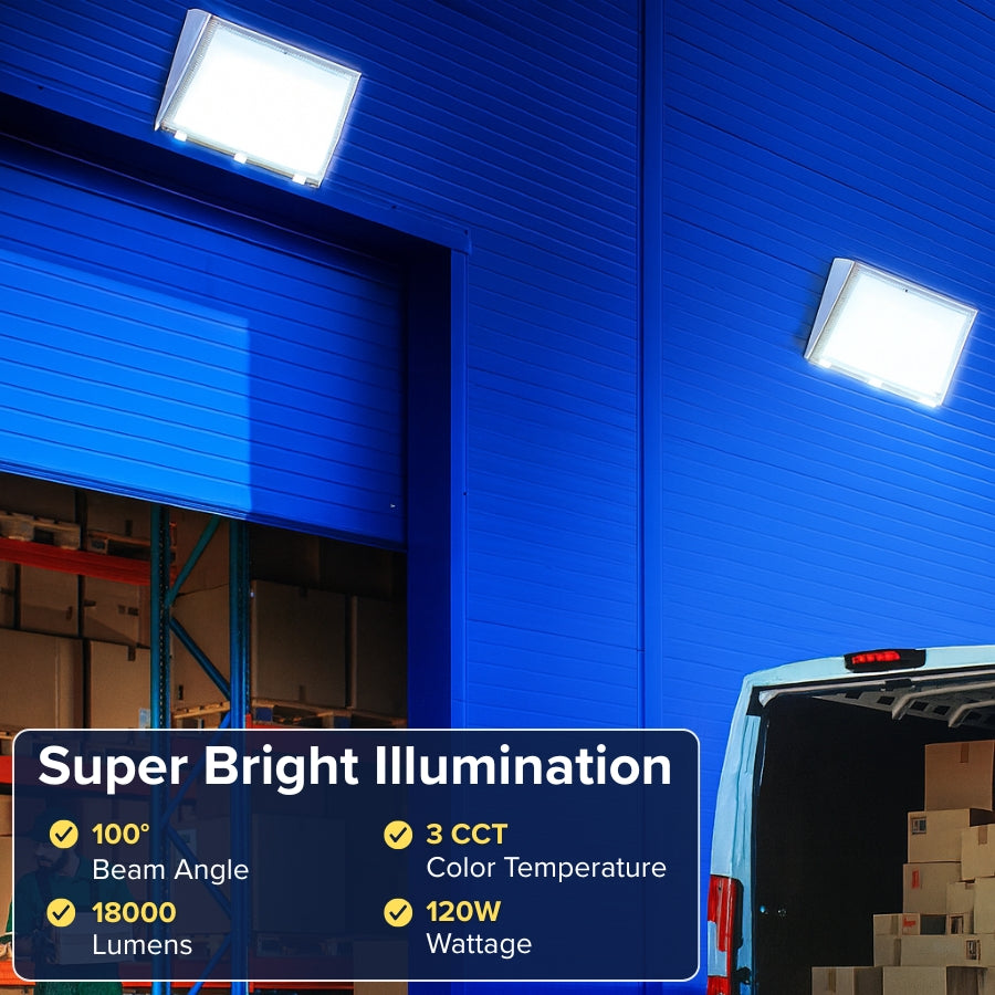 Warehouse interior with blue walls and a van, featuring text about super bright illumination.