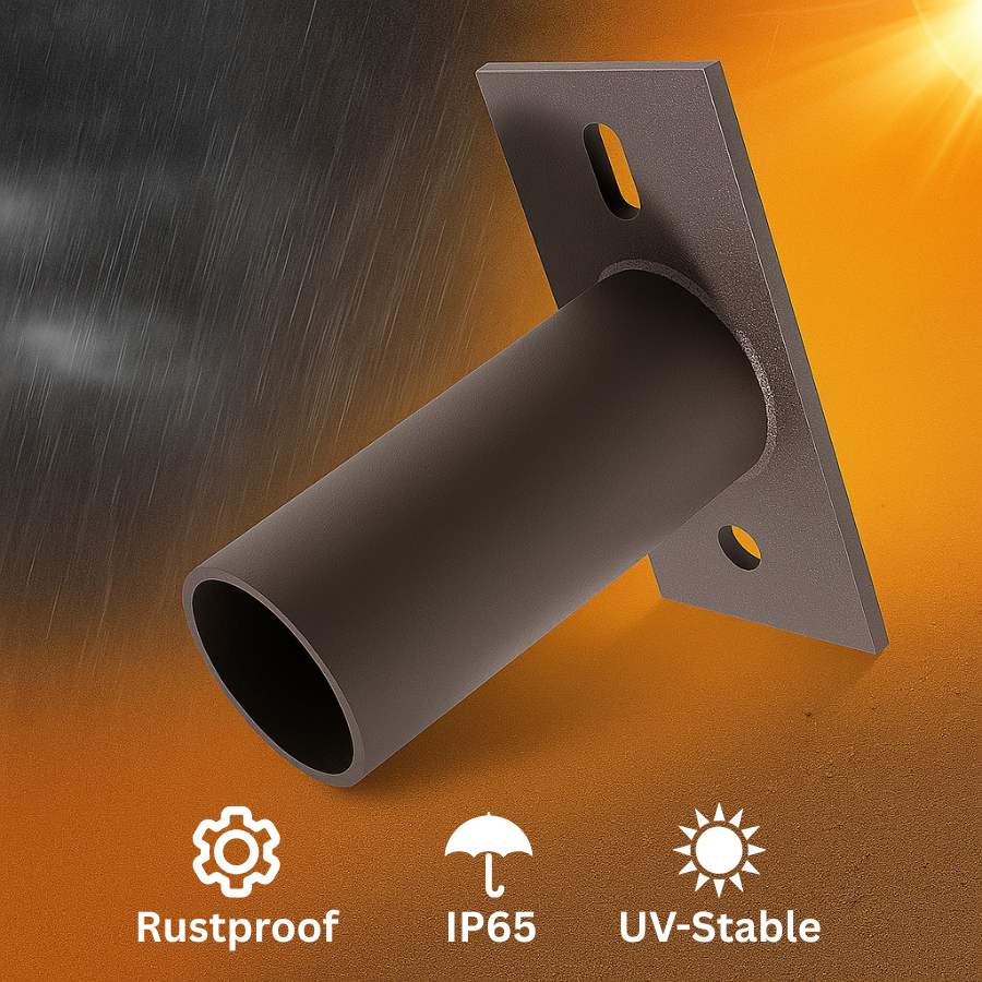 Metal bracket with rustproof, IP65, and UV-stable features on a gradient background.