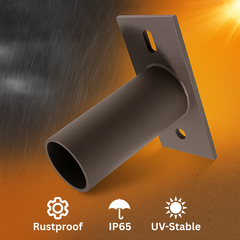 Metal bracket with rustproof, IP65, and UV-stable features on a gradient background.