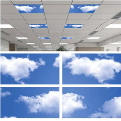 Ceiling with embedded panels showing a blue sky and clouds