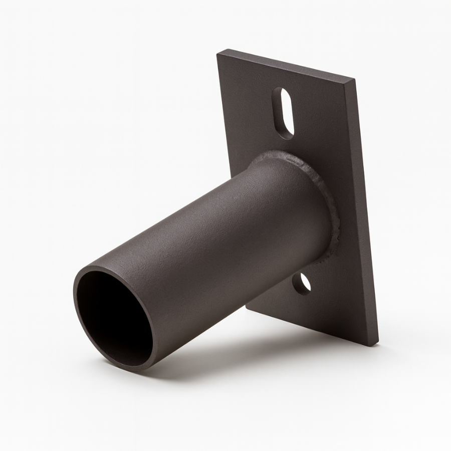 Black metal bracket with cylindrical component on a white background