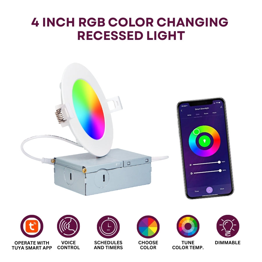 4-inch RGB color-changing recessed light with smartphone app control on a white background