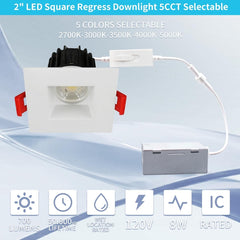 LED square recessed downlight with selectable color temperatures on a light blue background