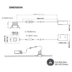 Technical diagram of a square recessed led downlights ceiling light fixture with dimensions and cut hole size information.