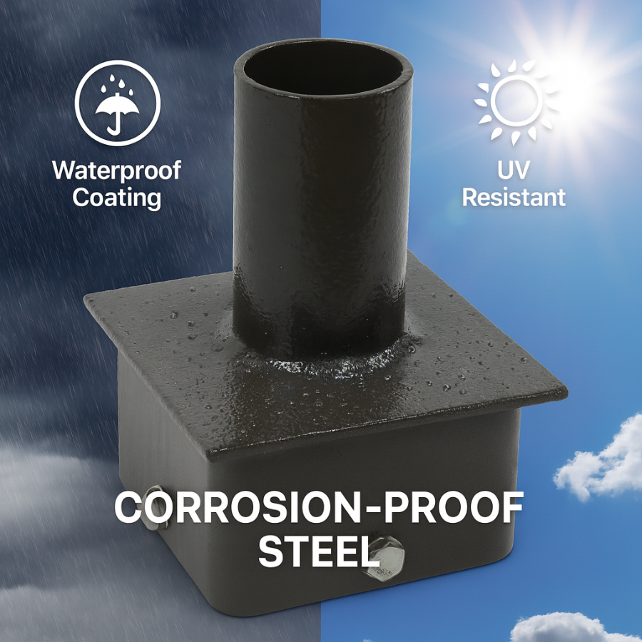 Corrosion-proof steel product with waterproof and UV resistant features on a blue sky background.