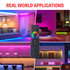 Smart home LED strip lights with a remote control, shown in various indoor settings.