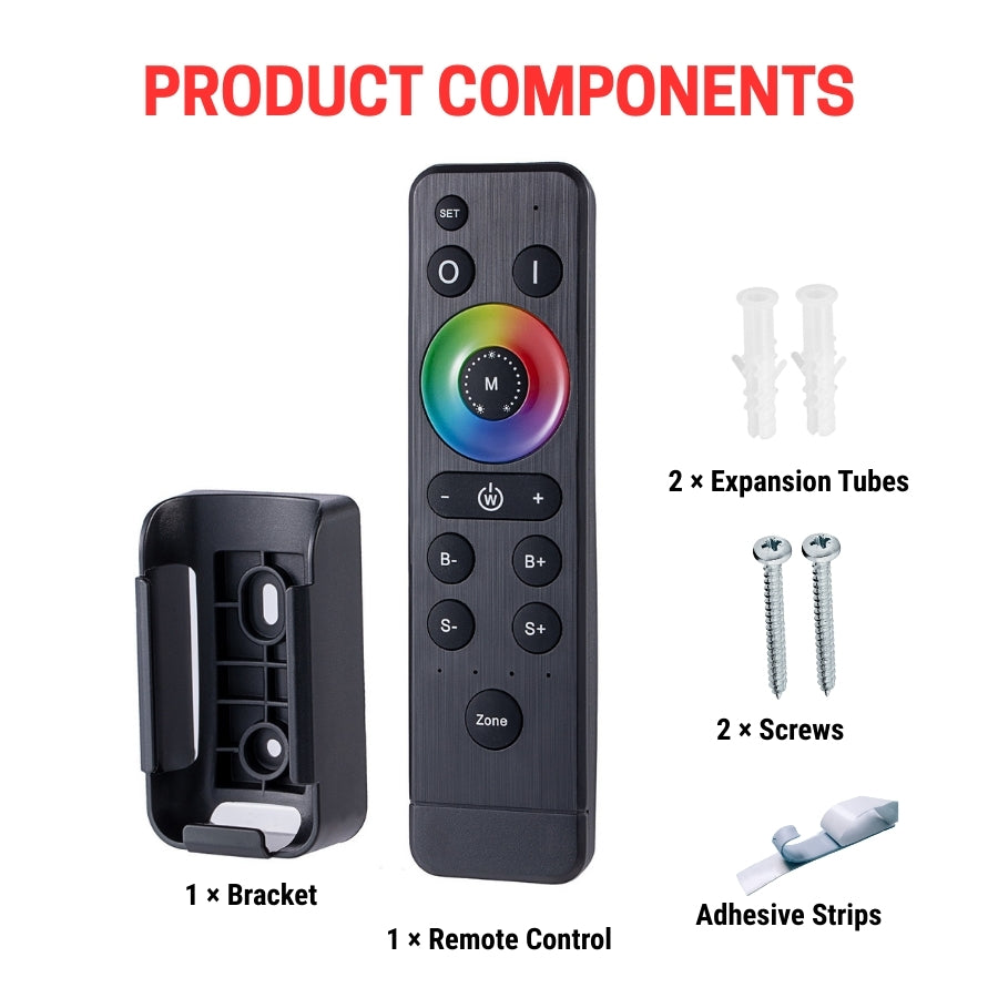 Product components including a remote control, bracket, expansion tubes, screws, and adhesive strips on a white background.
