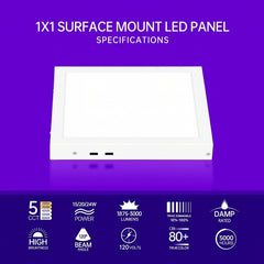 1x1 surface mount LED panel with specifications on a purple background