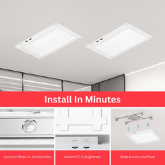 Two square ceiling lights installed on a gray ceiling with text indicating installation process.